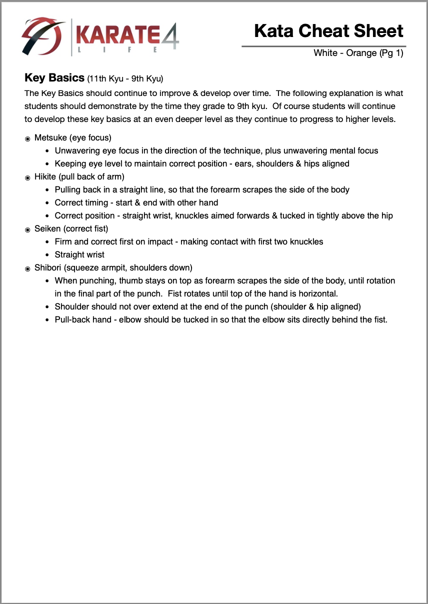 Kata Cheat Sheets Karate 4 Life